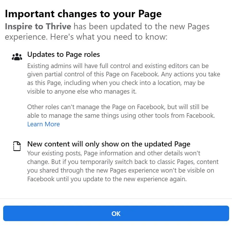 Facebook pages changes