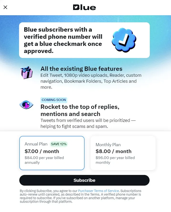 Twitter Blue Subscriptions