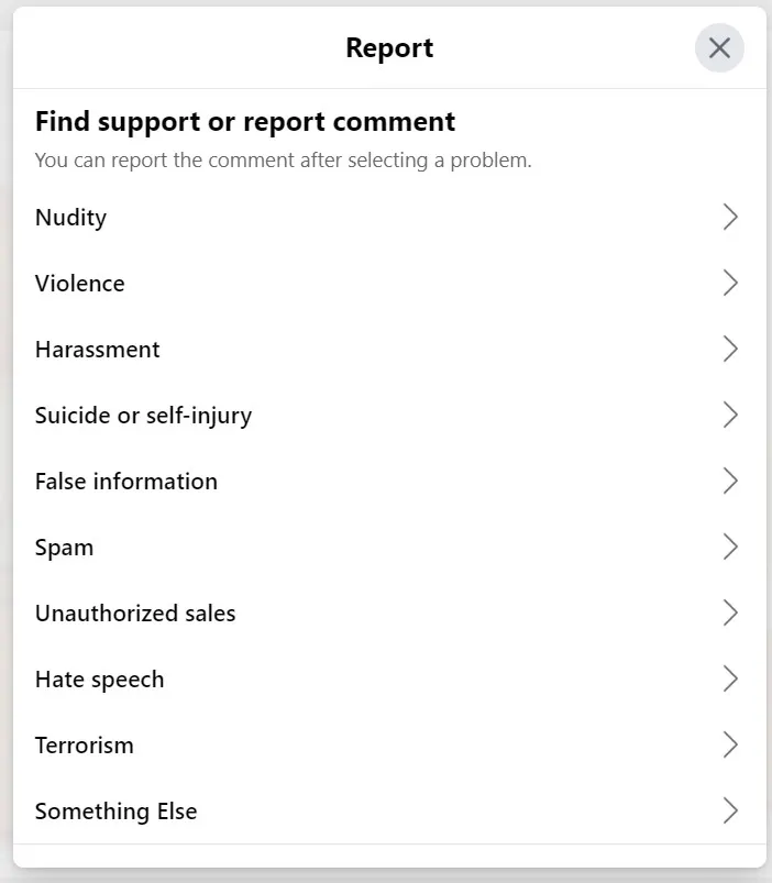 report a comment to facebook